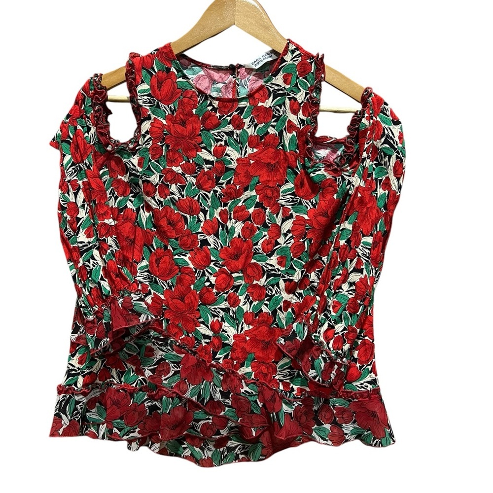 Zara Womens Size S Red Floral Ruffle Cold Shoulder Blouse Cottagecore, Coquette
